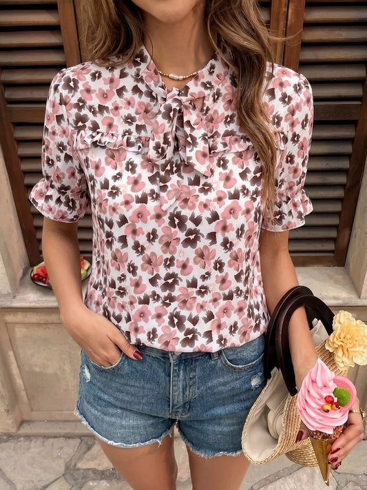 Floral Print Tie Neck Ruffle Blouse