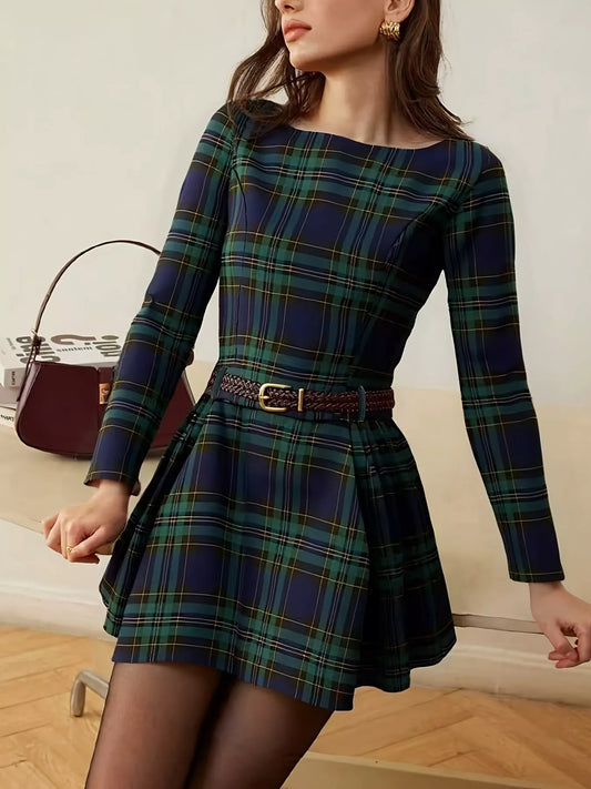 Plaid Print Long Sleeve A-Line Dress
