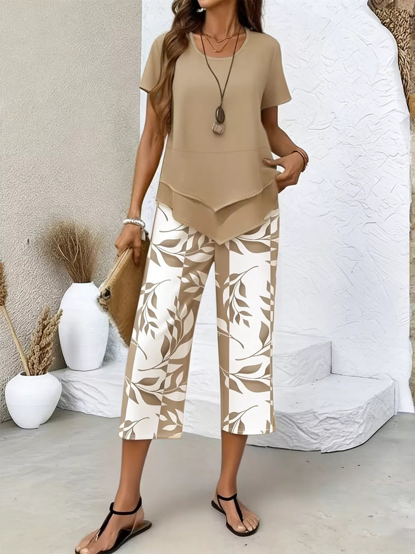 Layered Top and Leaf Print Cropped Pants Set