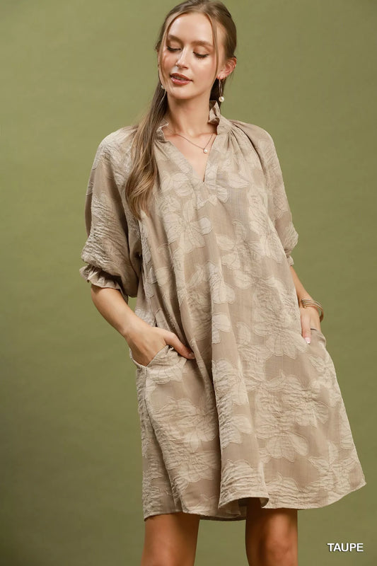 Umgee Floral Textured Jacqaurd V-Neck Dress