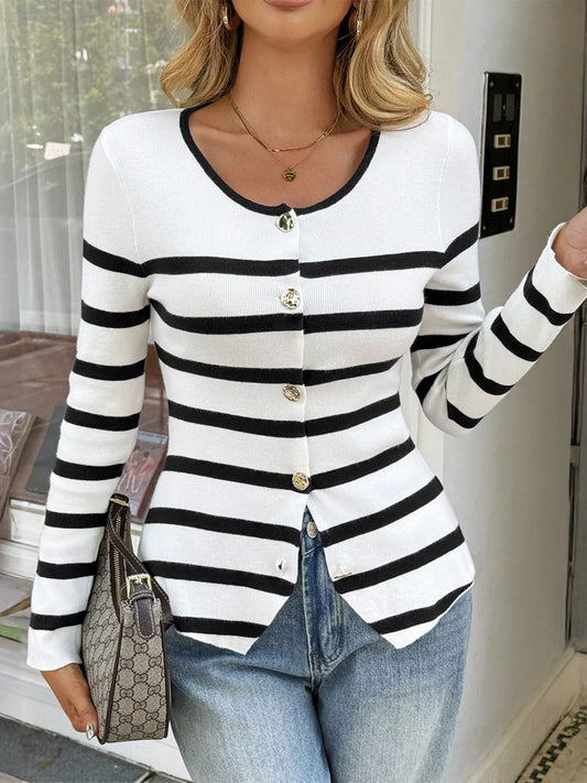 Striped Button-Up Knit Cardigan