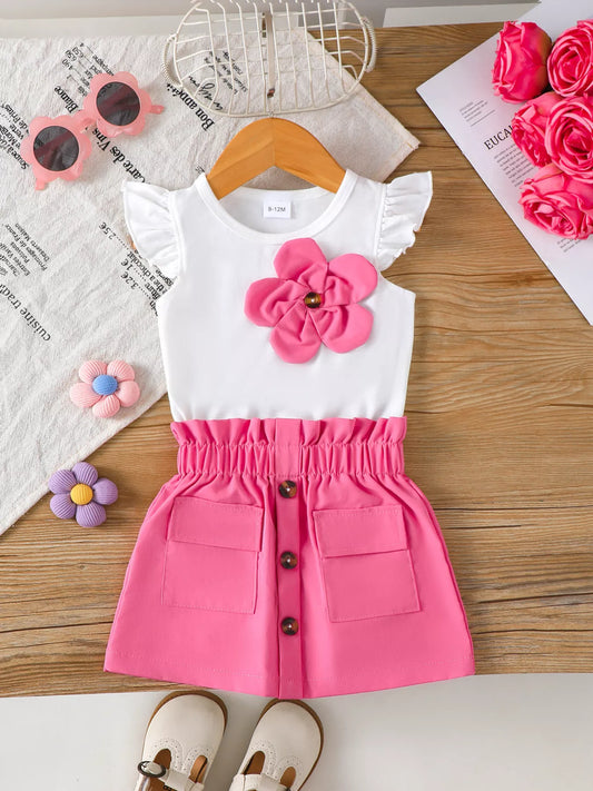 Children's Floral Applique Ruffle Sleeve Top & Skirt Set