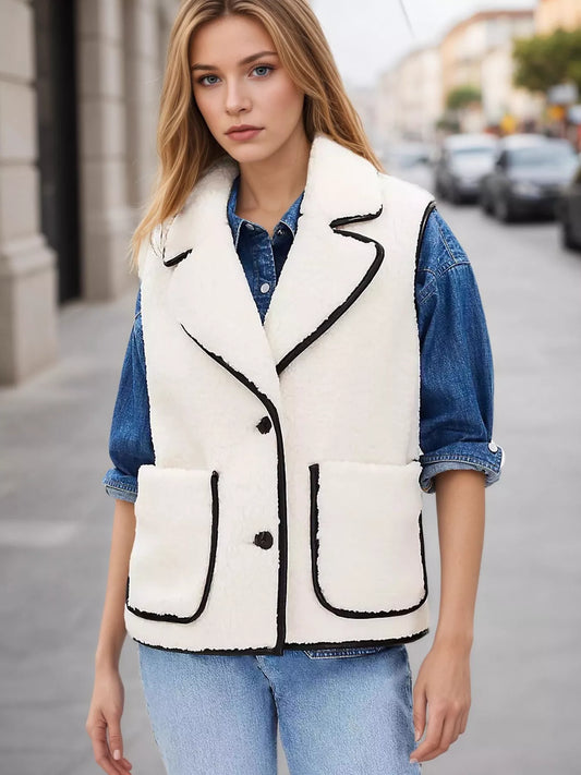 Sherpa Fleece Vest Coat with Contrast Trim