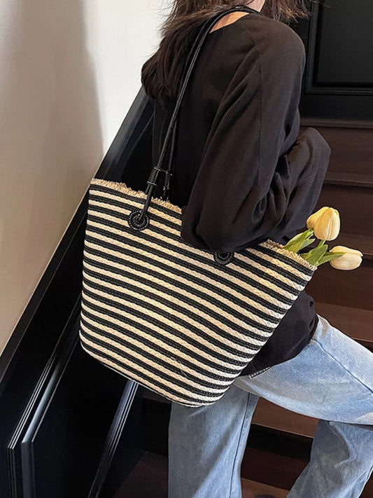 Striped Woven Straw Shoulder Bag