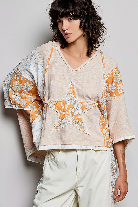 POL Floral Star Patch Hooded Blouse with Lace Contrast Detail