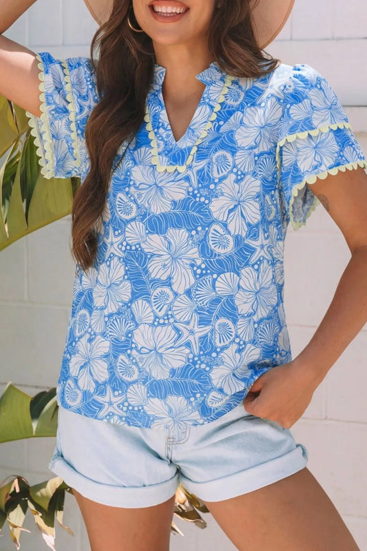 Floral Print Scalloped Trim V Neck Short Sleeve Blouse