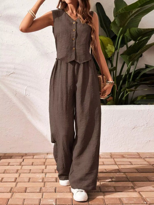 Button-Down Vest & Wide Leg Pants Set