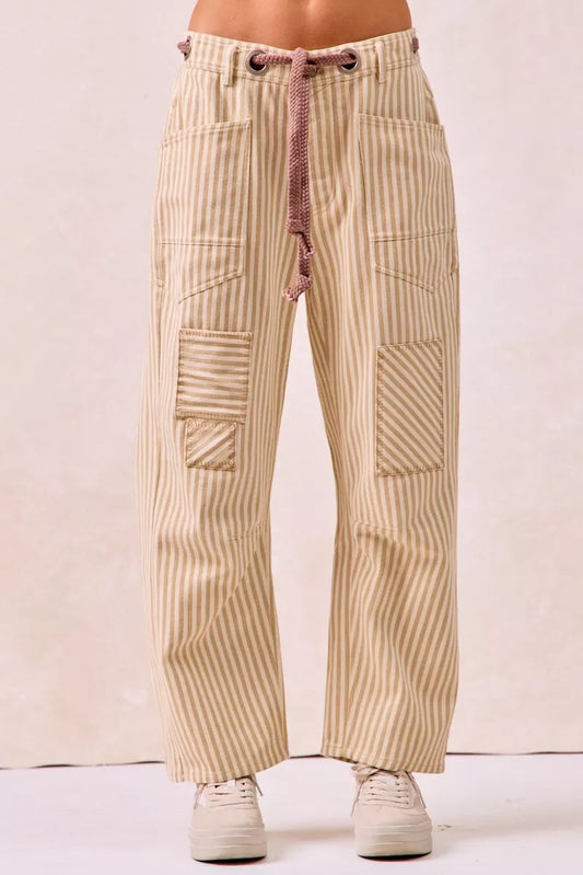 BiBi Drawstring Striped Twill Barrel Pants