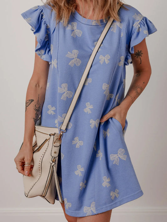 Bow Knot Print Crewneck Ruffled Sleeve Shift Mini Dress