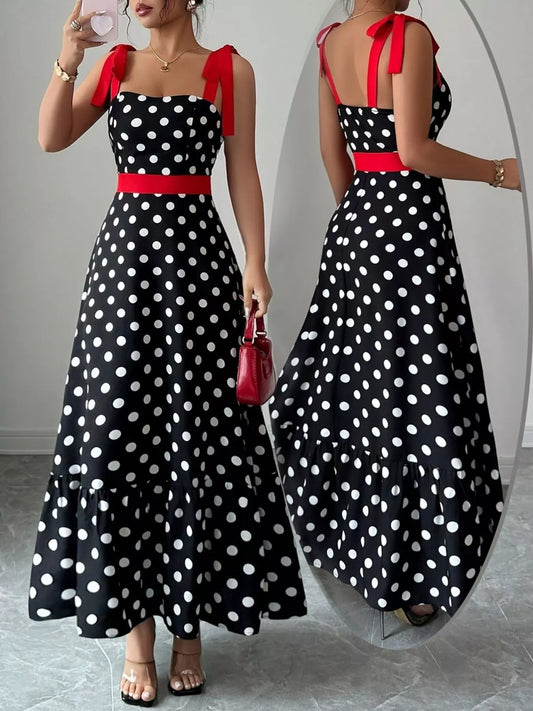Polka Dot Tie Strap Maxi Dress