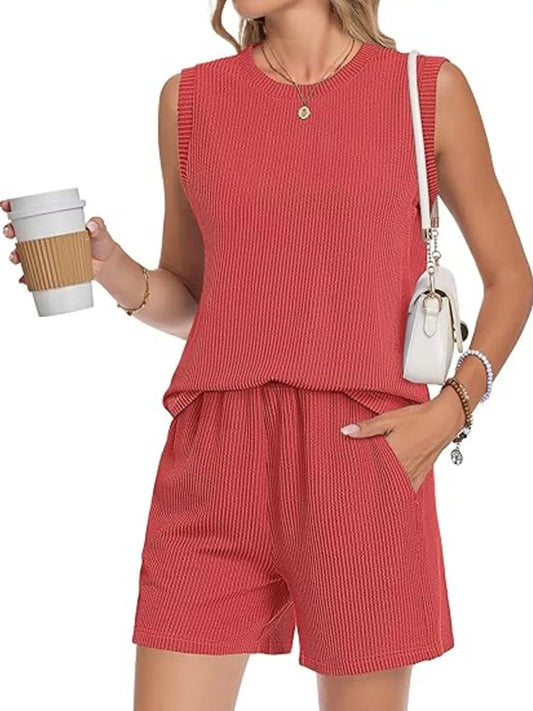 Casual Ribbed Knit Sleeveless Top and Shorts Set