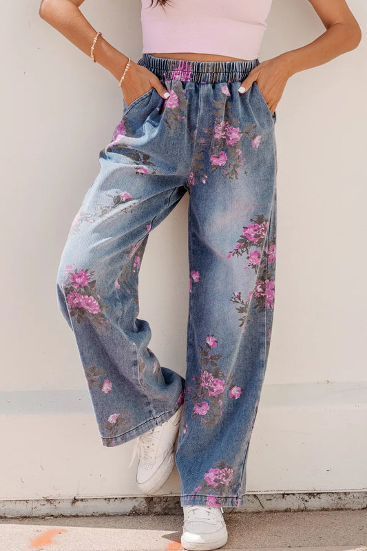 Floral Print Wide Leg Elastic Waist Jeans