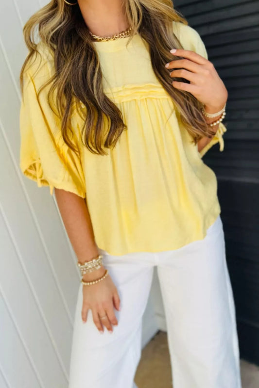 Tie Half Sleeve Pleated Detail Babydoll Blouse