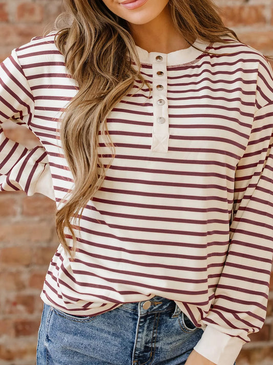 Striped Drop Shoulder Long Sleeve Henley Top
