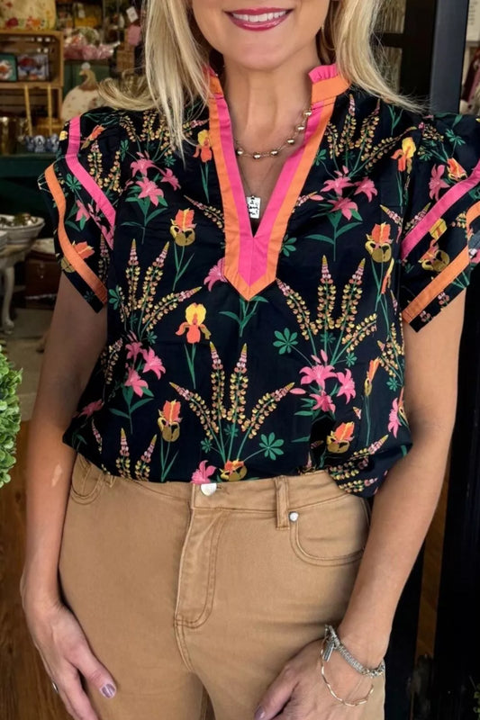 Floral Print Contrast Trim Tiered Ruffled Short Sleeve Blouse