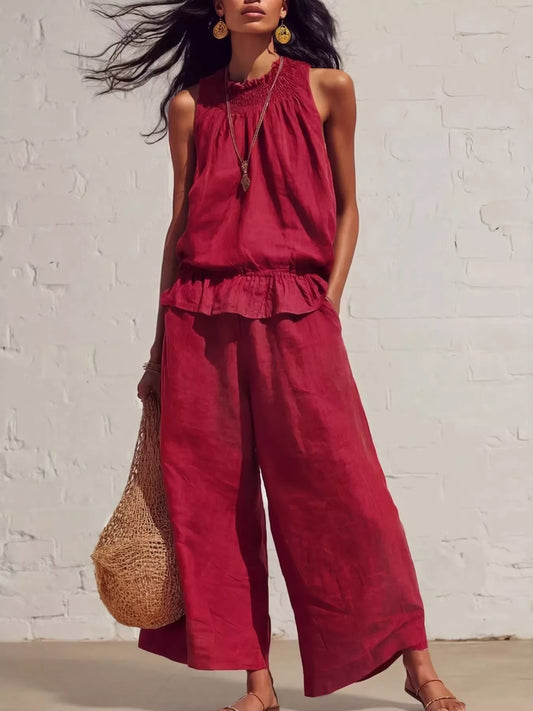Smocked Ruffled Hem Top and Wide-Leg Pants Set