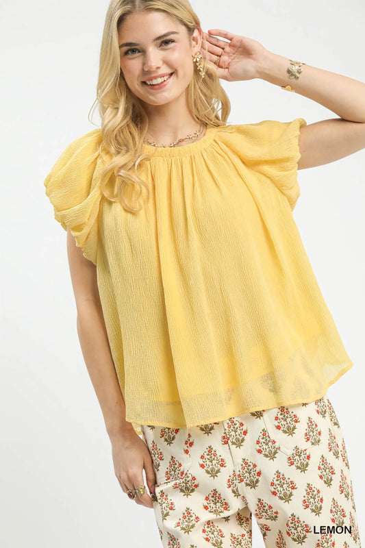 Umgee Crinkle Flutter Sleeve Peasant Top