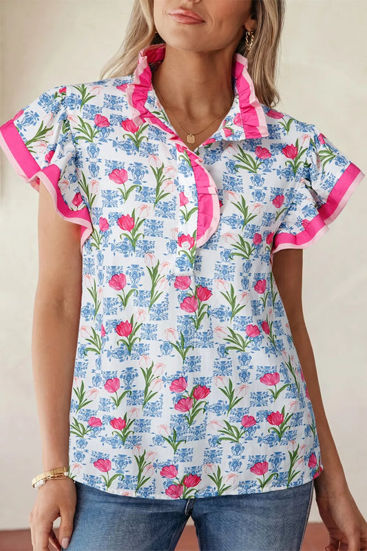 Floral Print Ruffle Collar Blouse