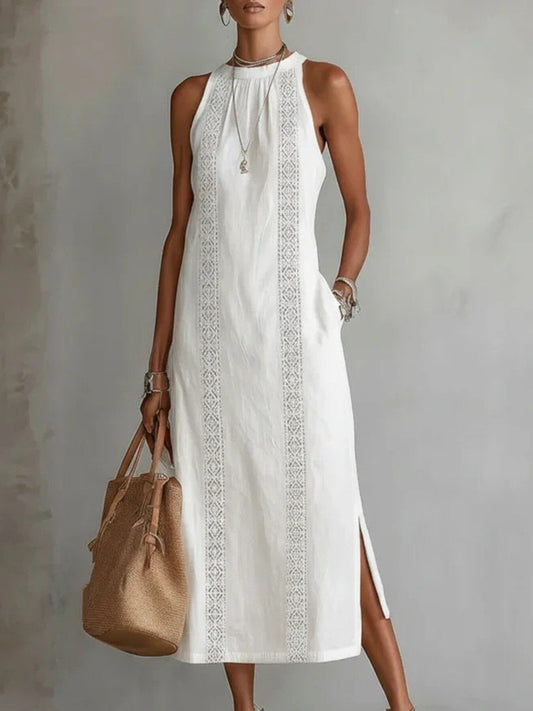Side Slit Sleeveless Hollow-Out Trimmed Midi Dress