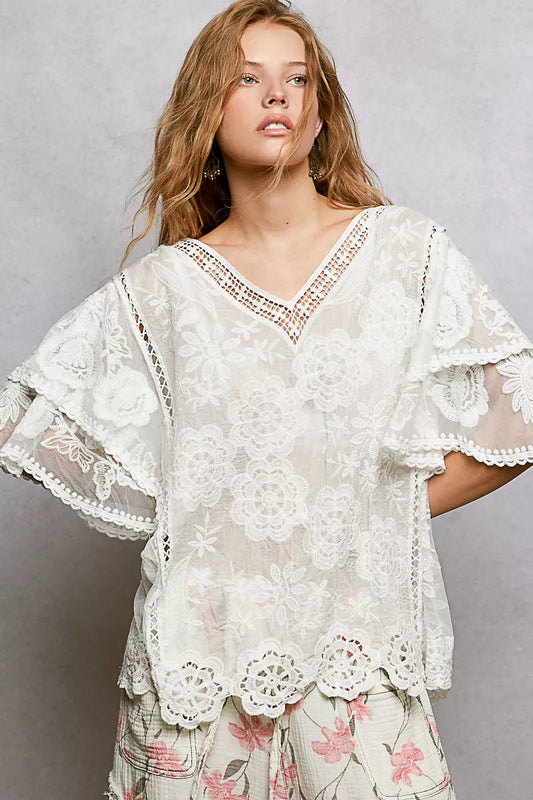 POL Floral Crochet V-Neck Short Sleeve Blouse with Scalloped Hem