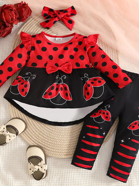 Children's Ladybug Polka Dot Ruffle Trim Top and Pants Set with Headband
