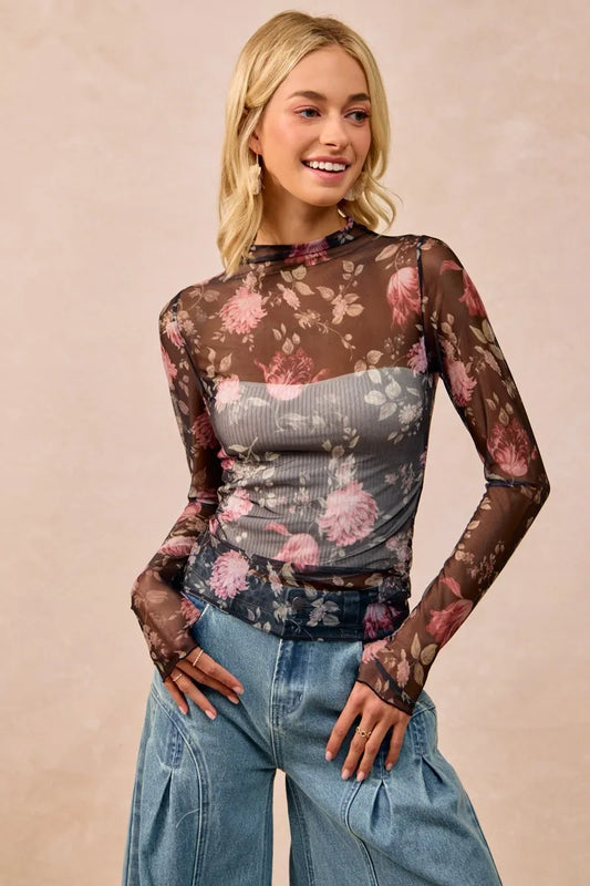 BiBi Flower Printed Mesh Lace Top with Thumb Opening