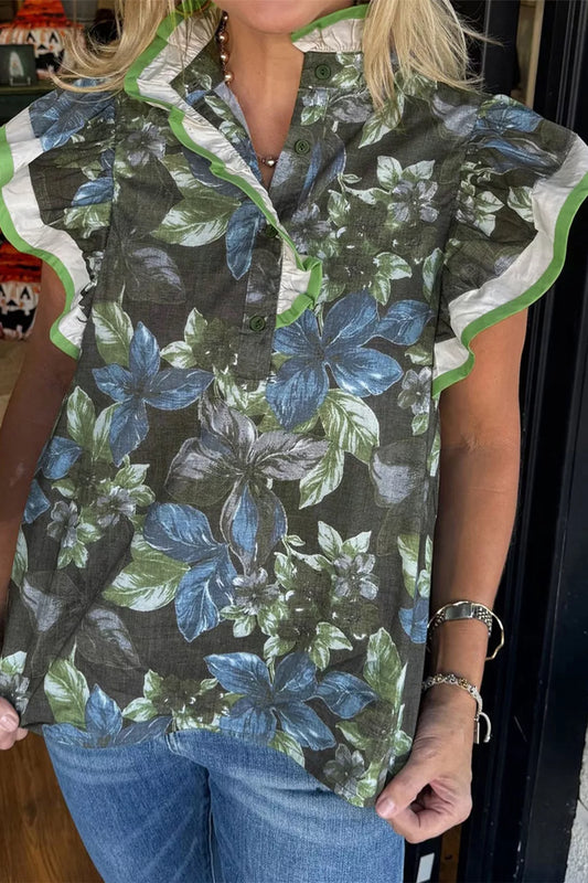 Ruffled Short Sleeve Floral Summer Blouse