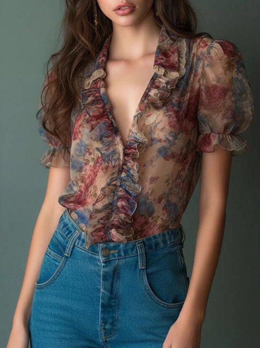Floral Print Ruffle Trim Blouse
