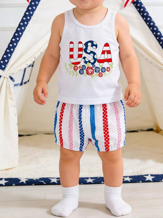 Children's Patriotic USA Floral Tank and Shorts Set