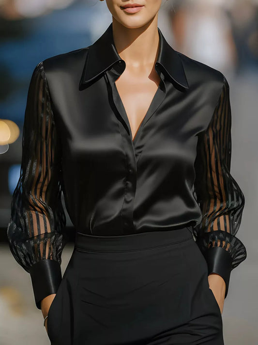 Collared Neck Sheer Sleeve Shirt