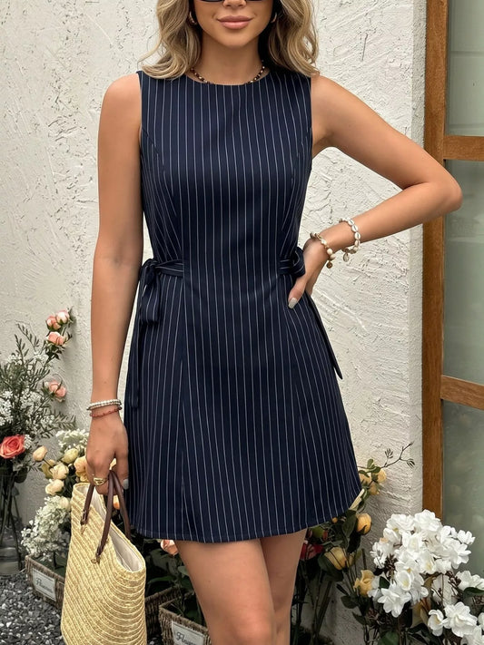 Striped Sleeveless Tie Waist Dress
