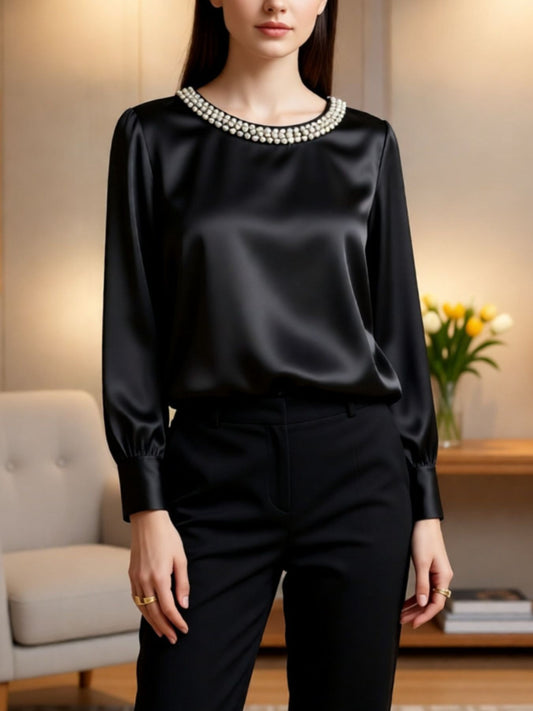 Pearl Trim Round Neck Silk Blouse