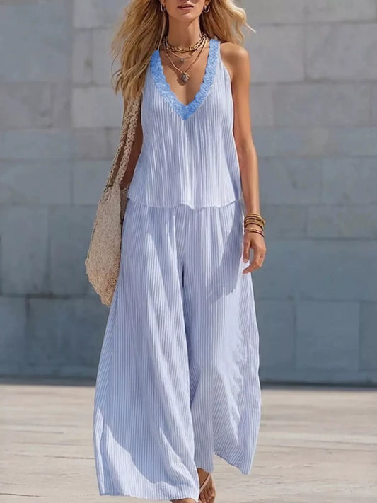 Striped V-Neck Tank and Wide-Leg Pants Set