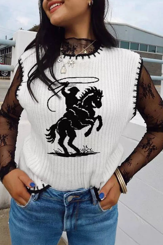 Contrast Trim Round Neck Rodeo Cowboy Sweater Vest