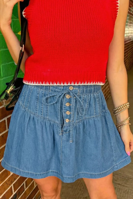 Button-Front Ruffle Hem Denim Skirt