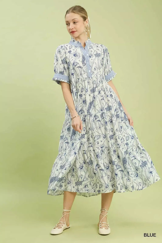 Umgee Floral Tiered Midi Dress with Ruffle Trim