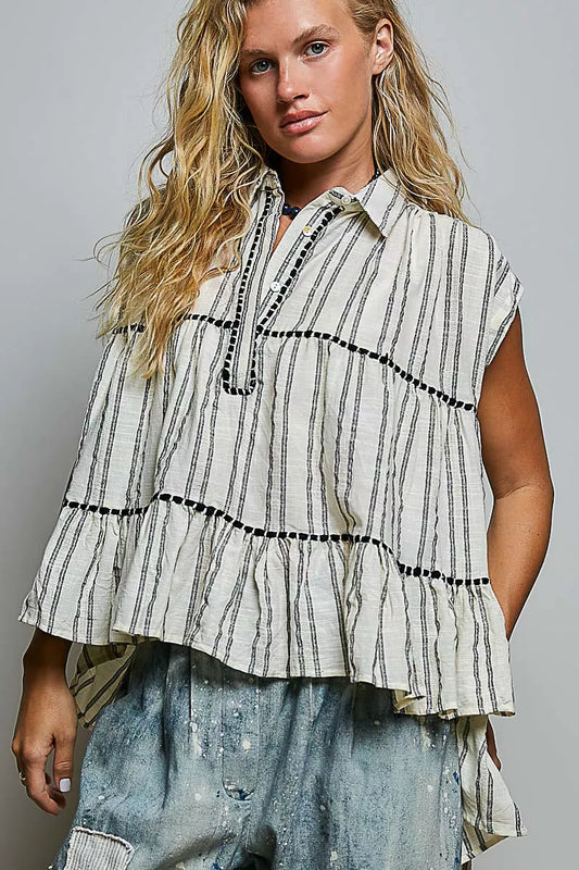 POL Striped Ruffle Collared Sleeveless Cotton Top