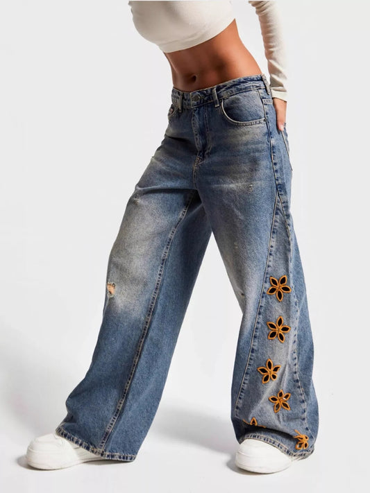 Floral Embroidered Wide Leg Jeans