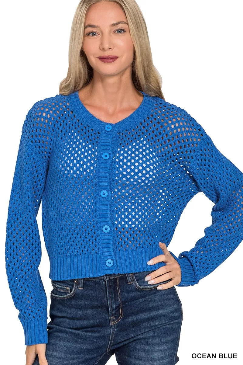 Zenana Button Down Lightweight Crochet Cardigan Sweater
