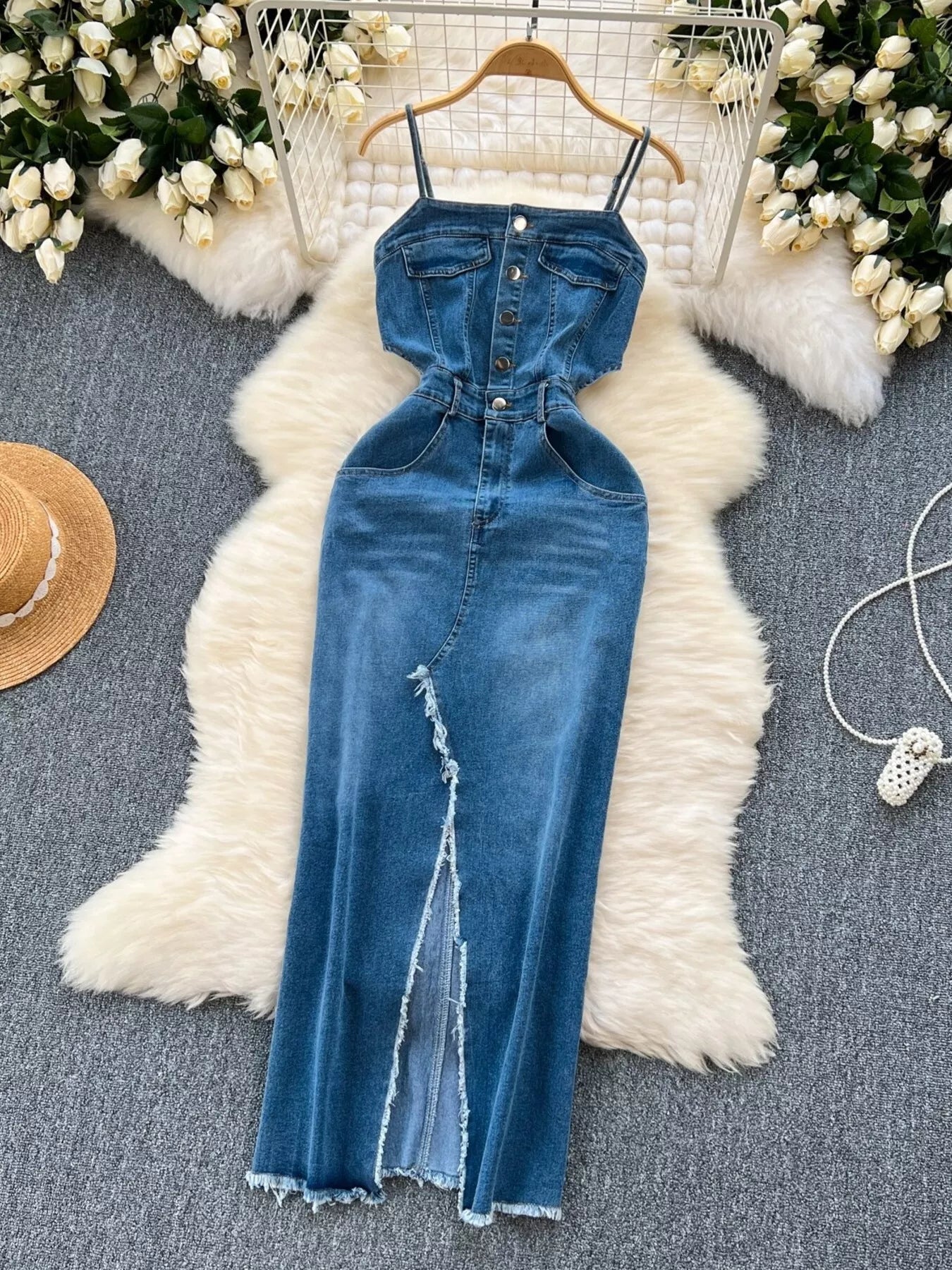 Sleeveless Frayed Hem Slit Denim Dress