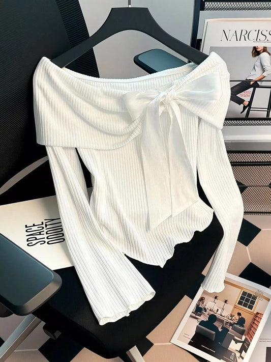 Off-Shoulder Bowknot Ribbed Knit T-Shirt