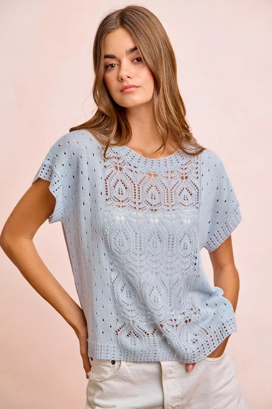 BiBi Washed Eyelet Short Sleeve Breathable Knit Top
