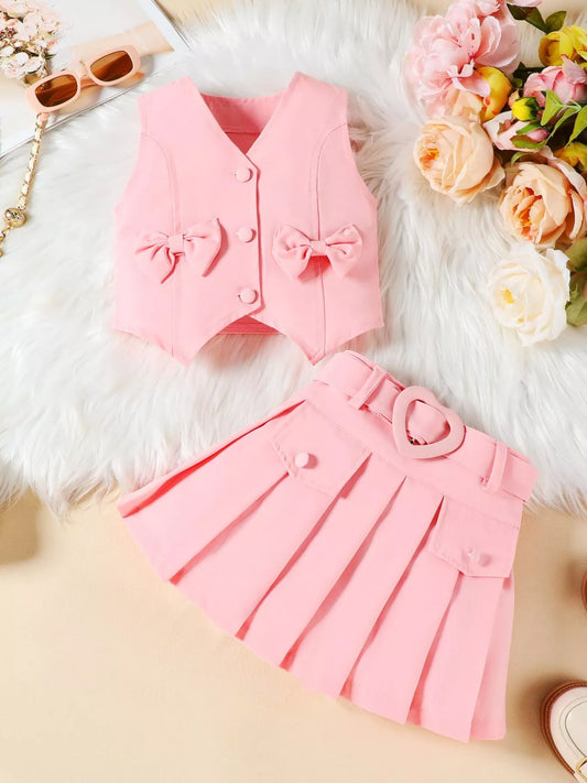 Children's Bowknot Vest & Pleated Skirt Set