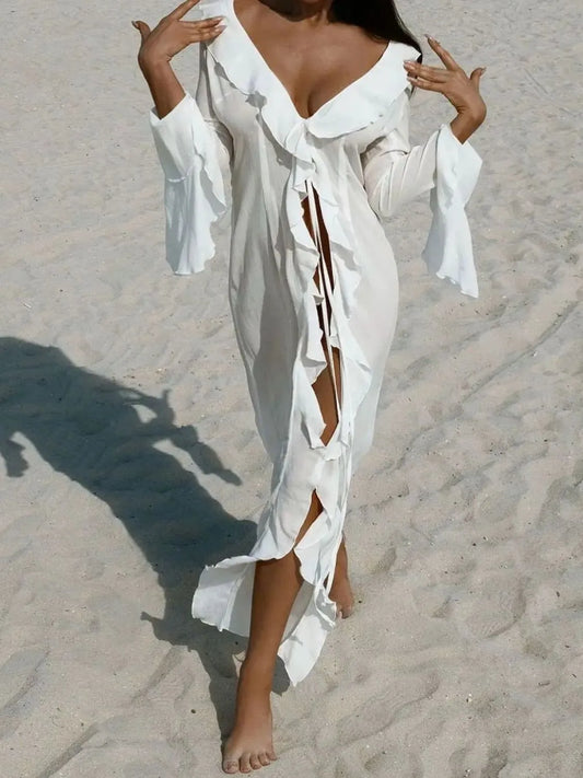 Ruffled Long Sleeve Cover-Up Dress