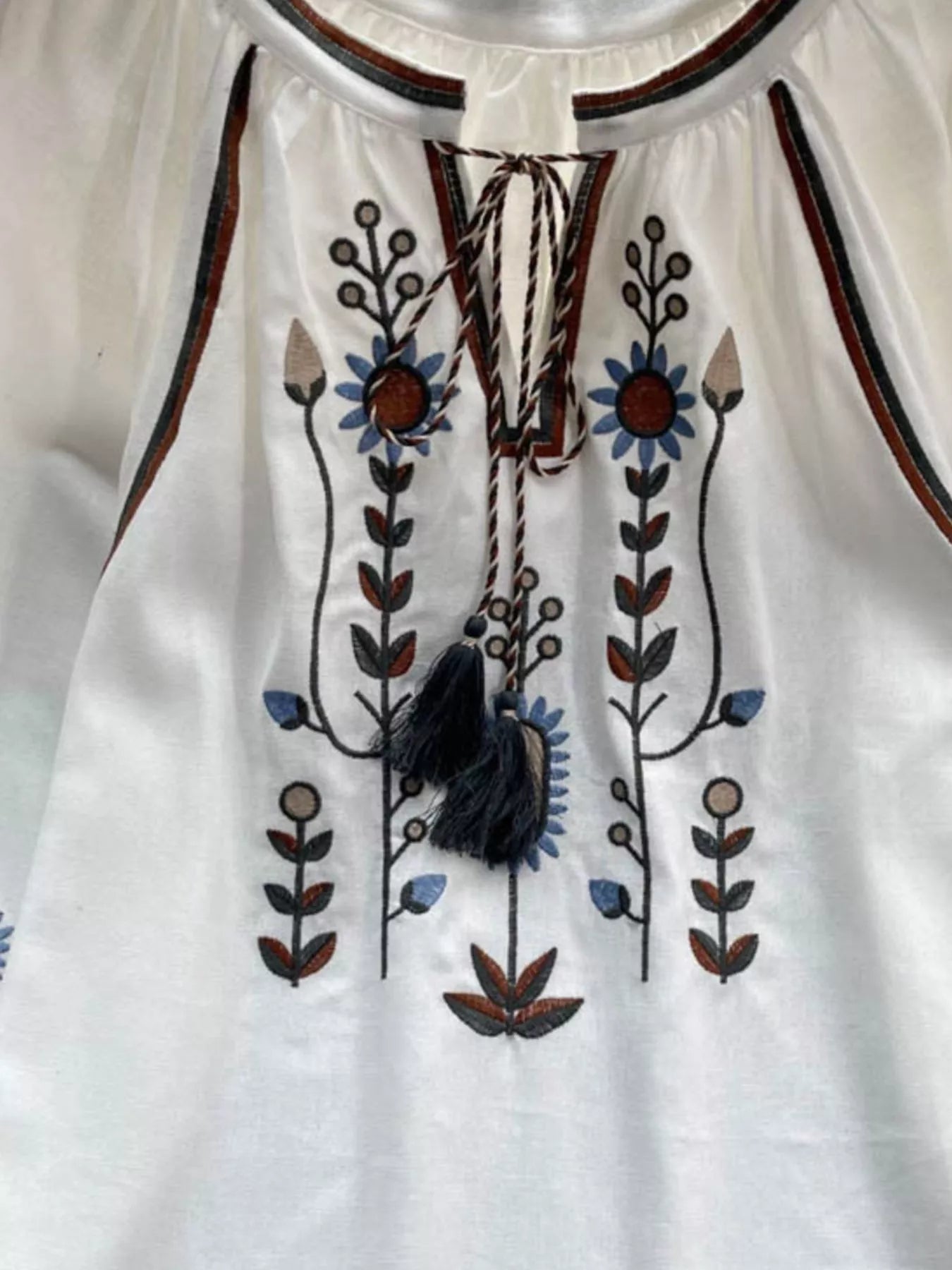 Embroidered Tie Neck Blouse