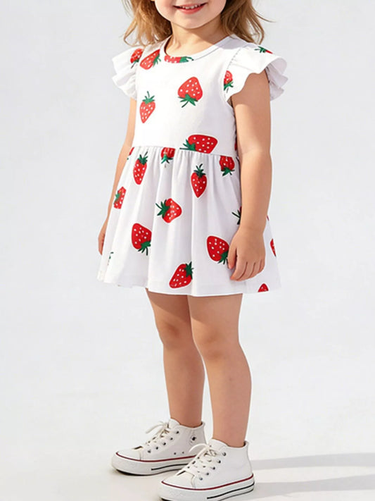 Children's Strawberry Print Ruffle Sleeve Casual Dress