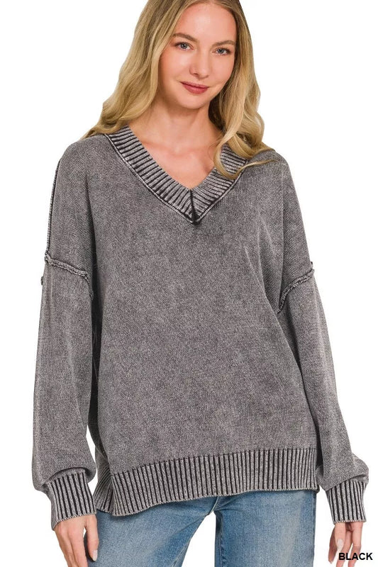 Zenana Washed Deep V-neck Oversized Sweater