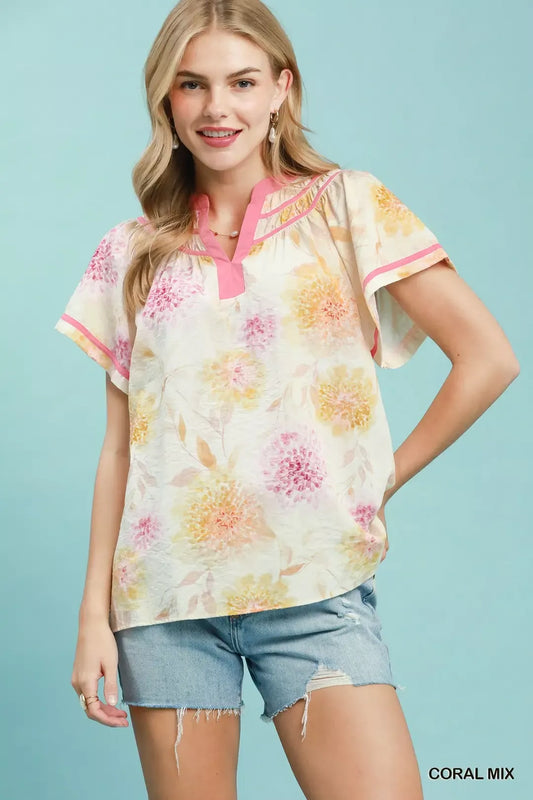 Umgee Floral Flutter Sleeve Blouse