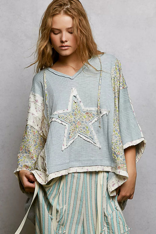 POL Floral Star Patch Hooded Blouse with Lace Contrast Detail