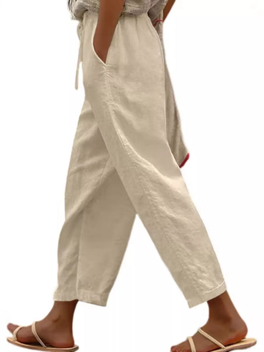 Casual Linen Drawstring Cropped Pants